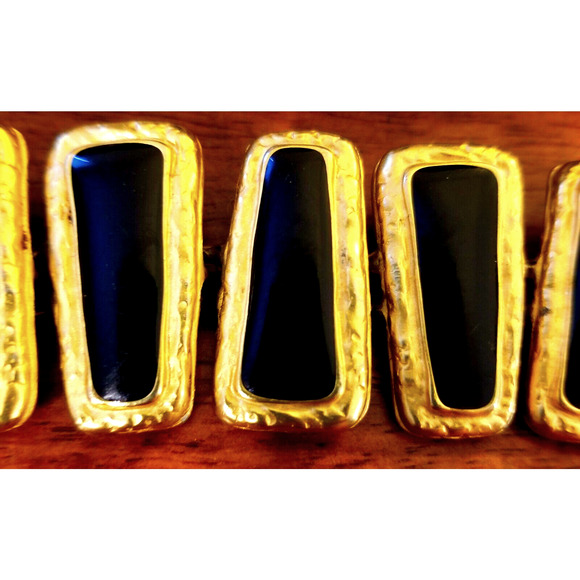 Vintage Black Enamel & Gold-Tone 9 Section Trapezoid Link Bracelet w T-Bar close - Picture 2 of 7